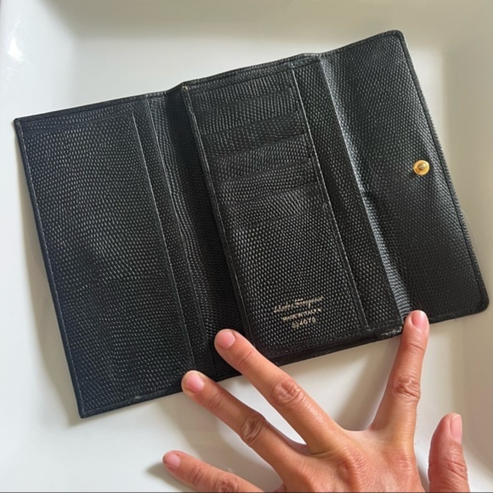 SALVATORE FERRAGAMO Leather Black Embossed Wallet Gold Checkbook Coin Holder - Picture 3 of 7